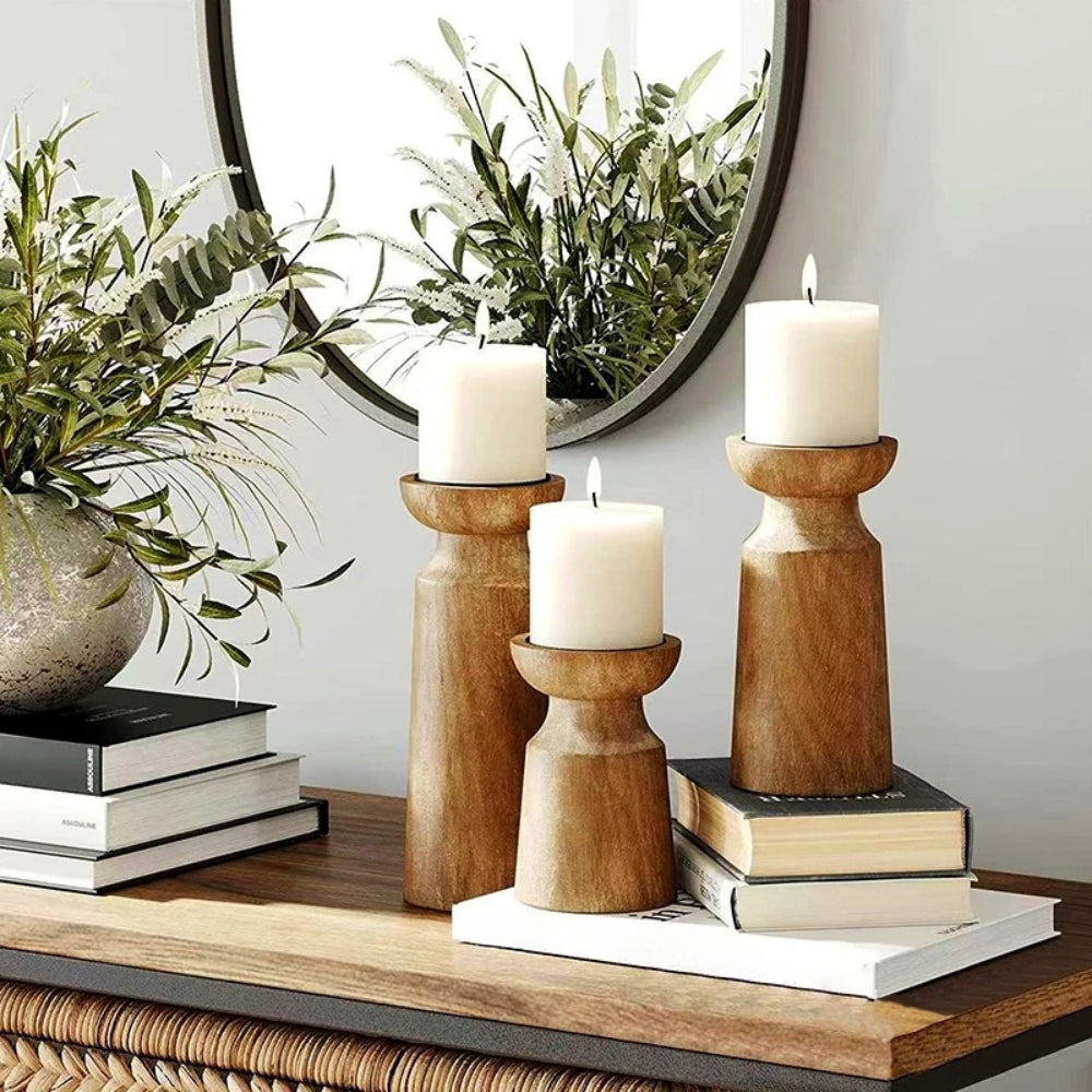 Chic Wooden Candle Holder Trio for Elegant Home Decor