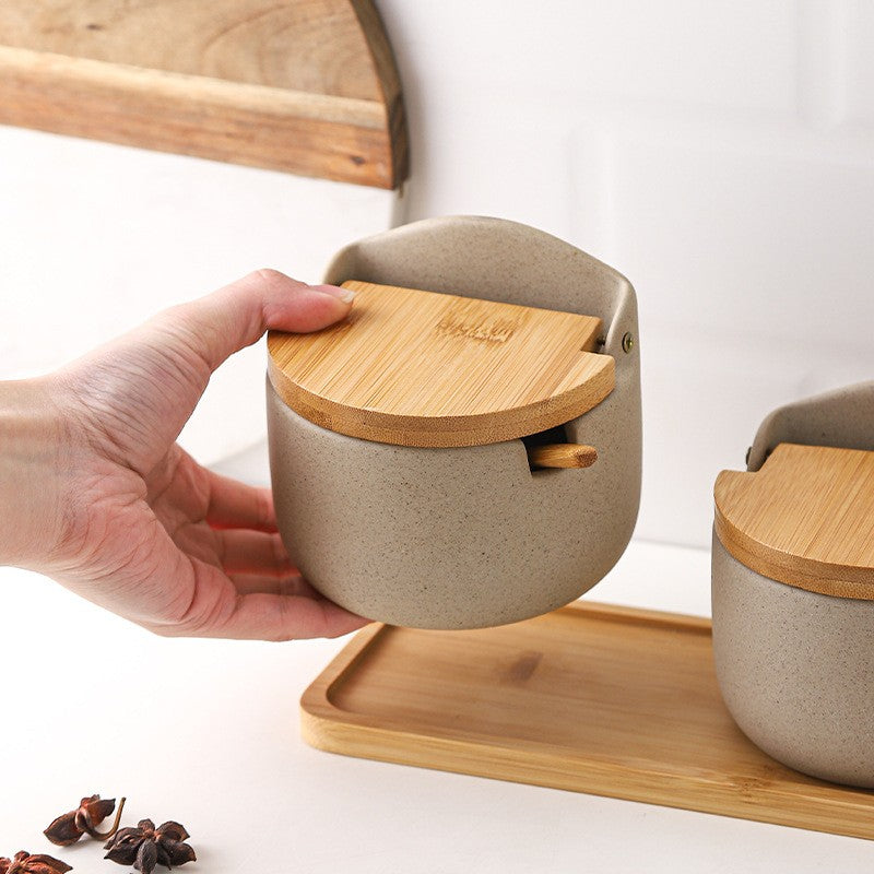 Elegant Ceramic Spice Container with Bamboo Lid and Spoon