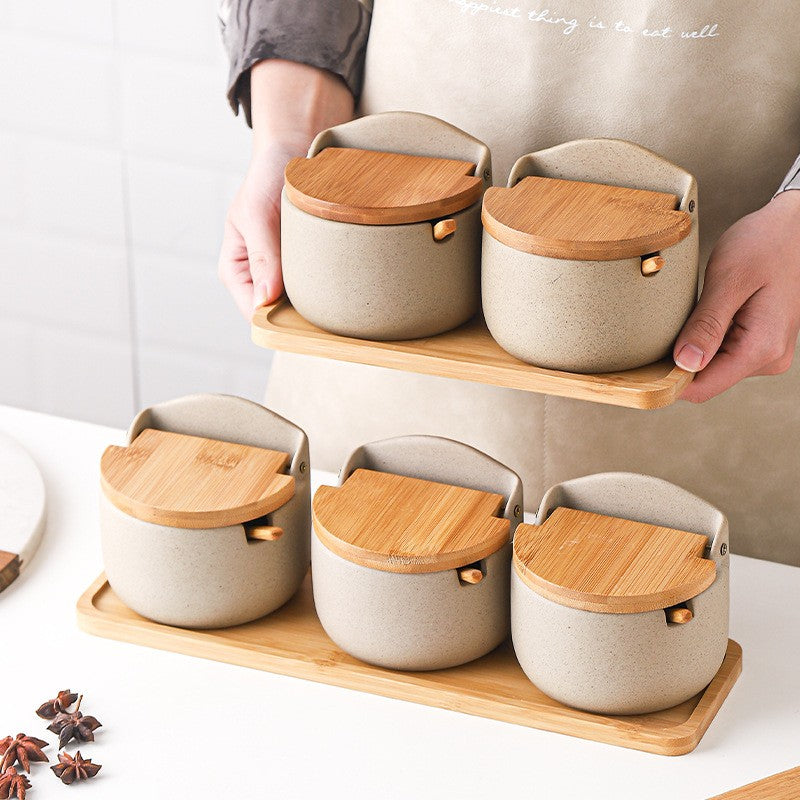 Elegant Ceramic Spice Container with Bamboo Lid and Spoon