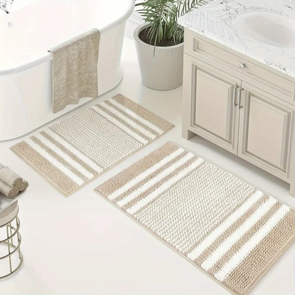 Luxury Plush Bath Rug with Secure Grip and Stylish Stripes