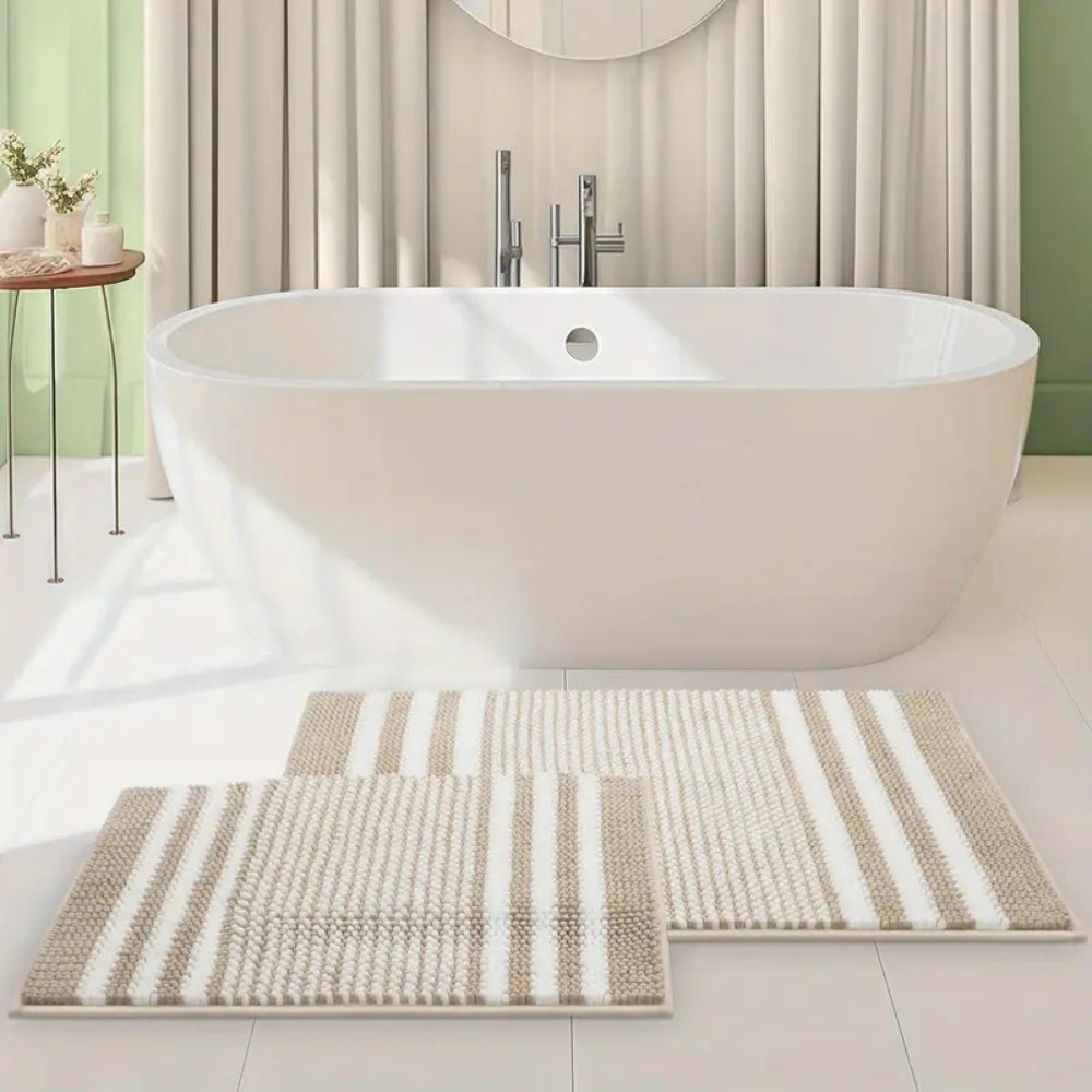 Luxury Plush Bath Rug with Secure Grip and Stylish Stripes