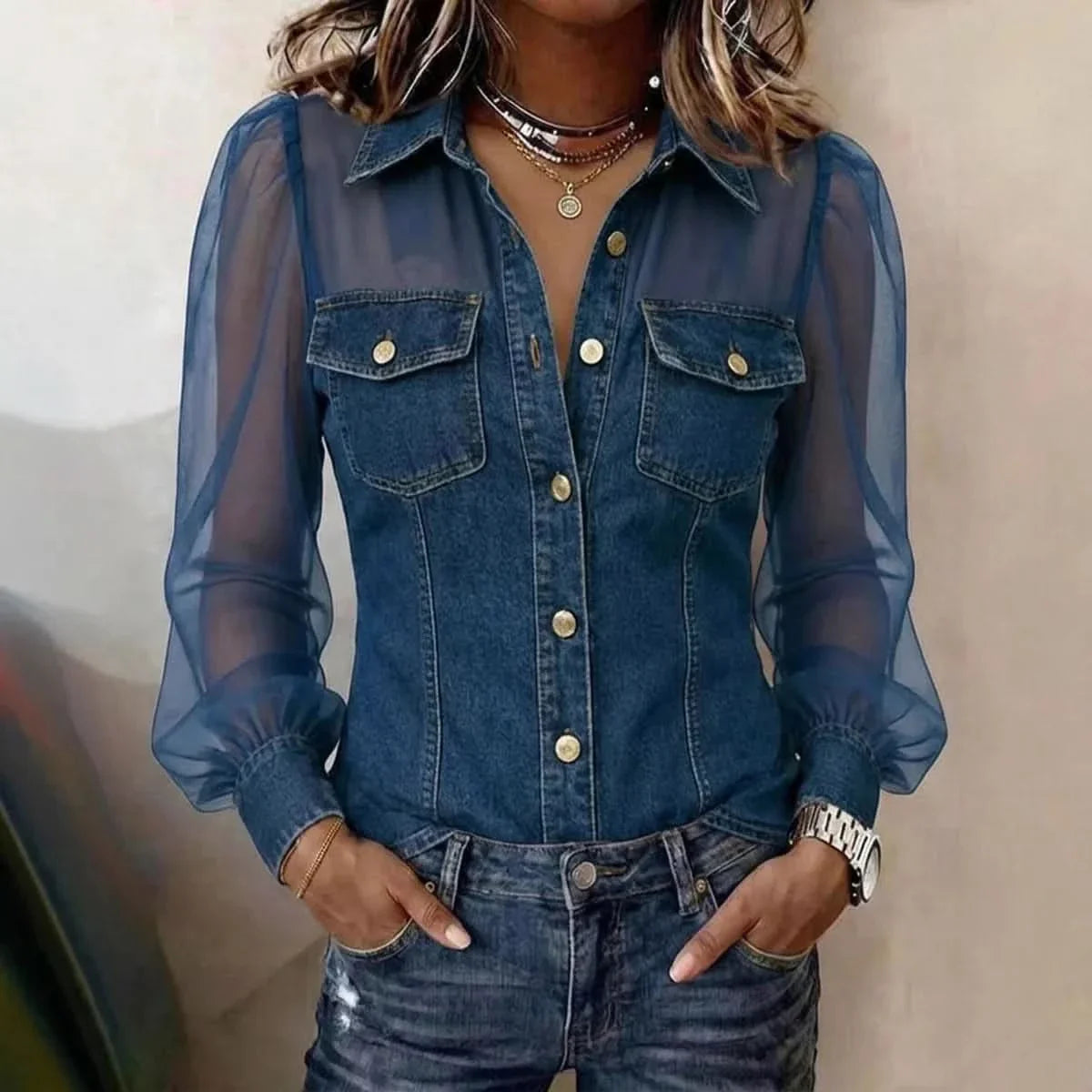 Stylish Women's Denim Top with Puff Sleeves