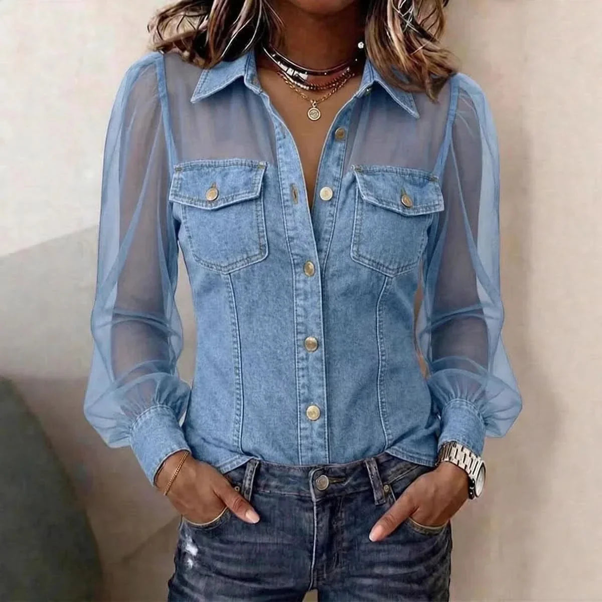 Stylish Women's Denim Top with Puff Sleeves