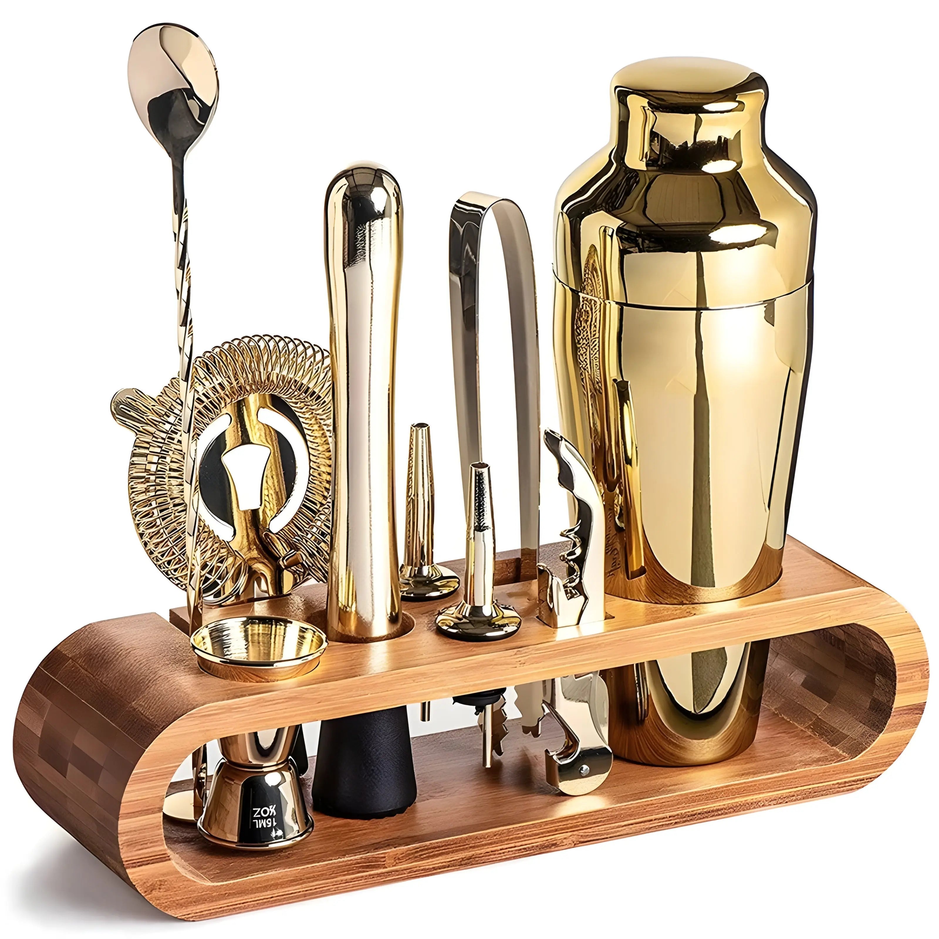 Bamboo Stand Cocktail Set – 10 Pieces in Stainless Steel