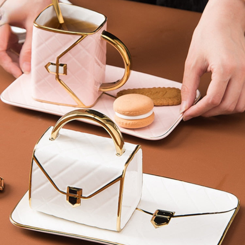 Chic Ceramic Drink and Dessert Set with Stylish Handle