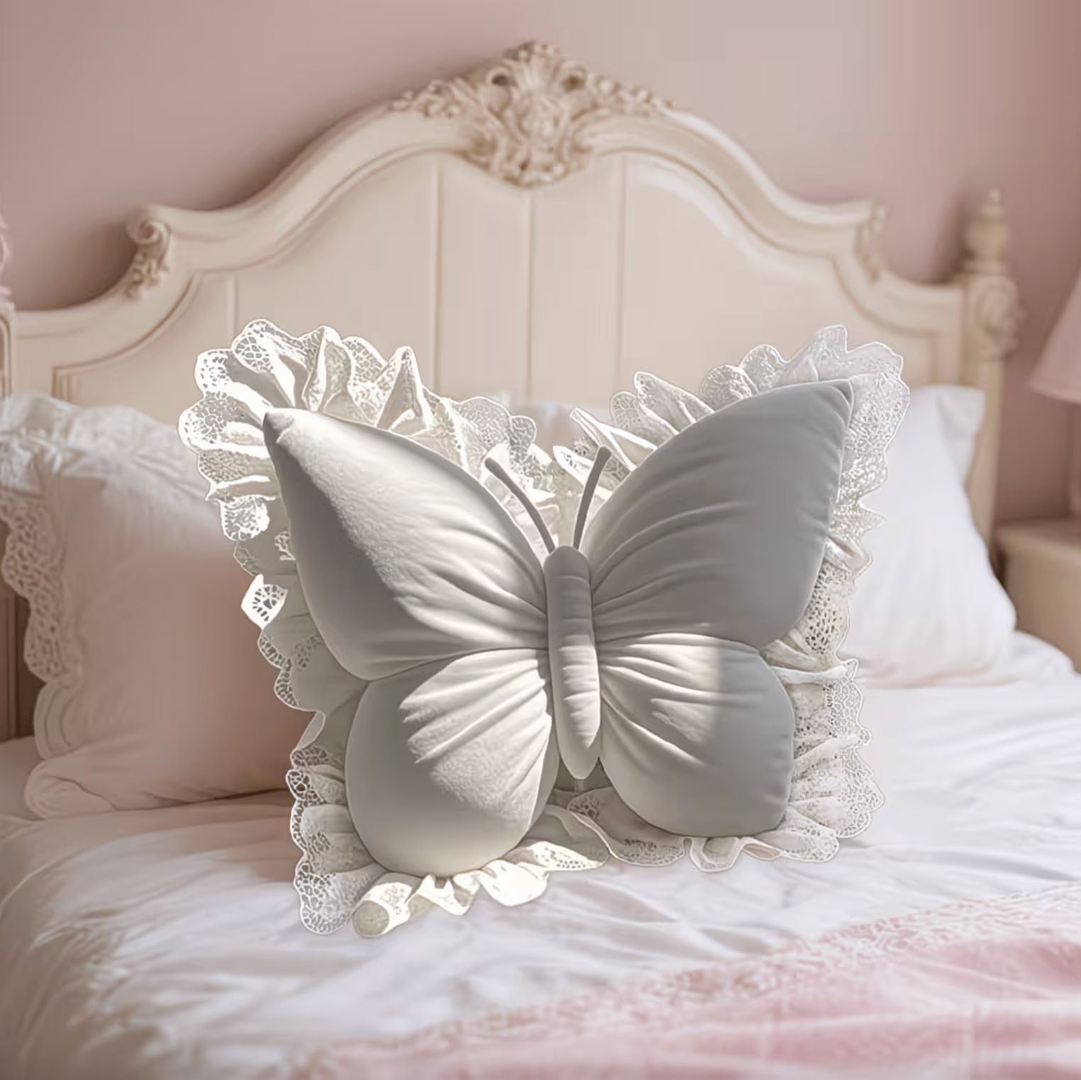 Butterfly-Inspired Plush Pillow with Elegant Lace Design