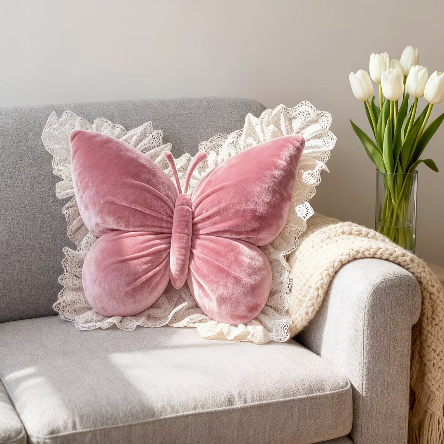 Charming Butterfly Shaped Cushion with Lace Accents