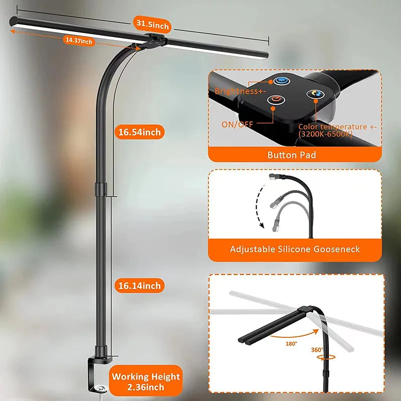 Dual-Head LED Desk Lamp with Adjustable Color and Brightness