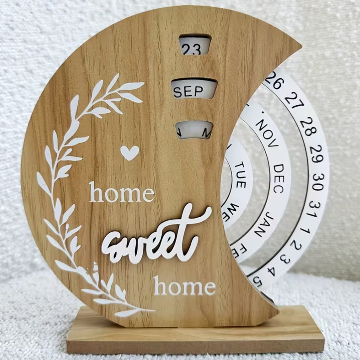 Elegant Wooden Rotating Date Calendar with Moon Design