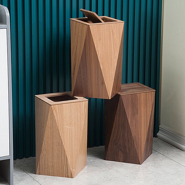 Geometric Wood Trash Can with Lid for Modern Spaces