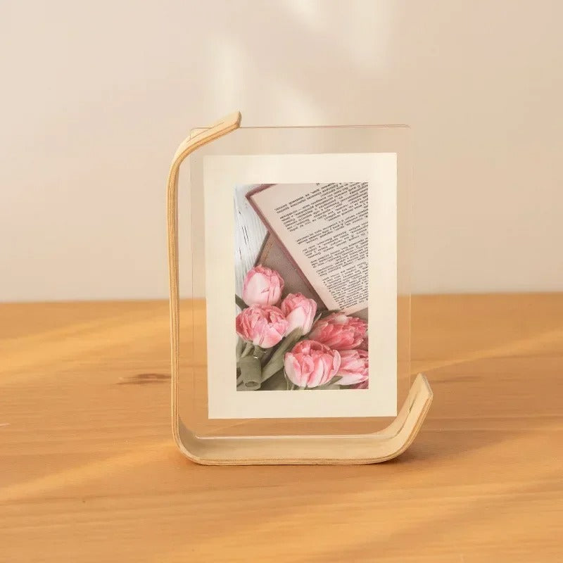 Dual-Sided Display Frame with Elegant Wood and Acrylic Design