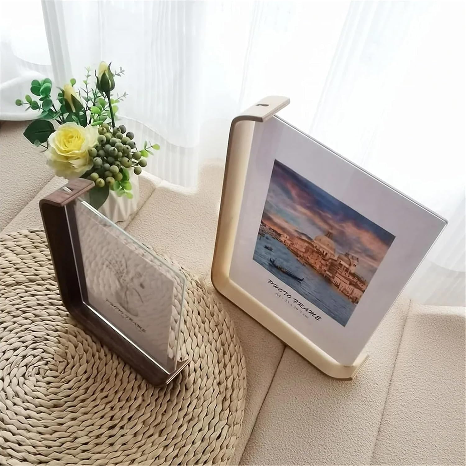 Dual-Sided Display Frame with Elegant Wood and Acrylic Design