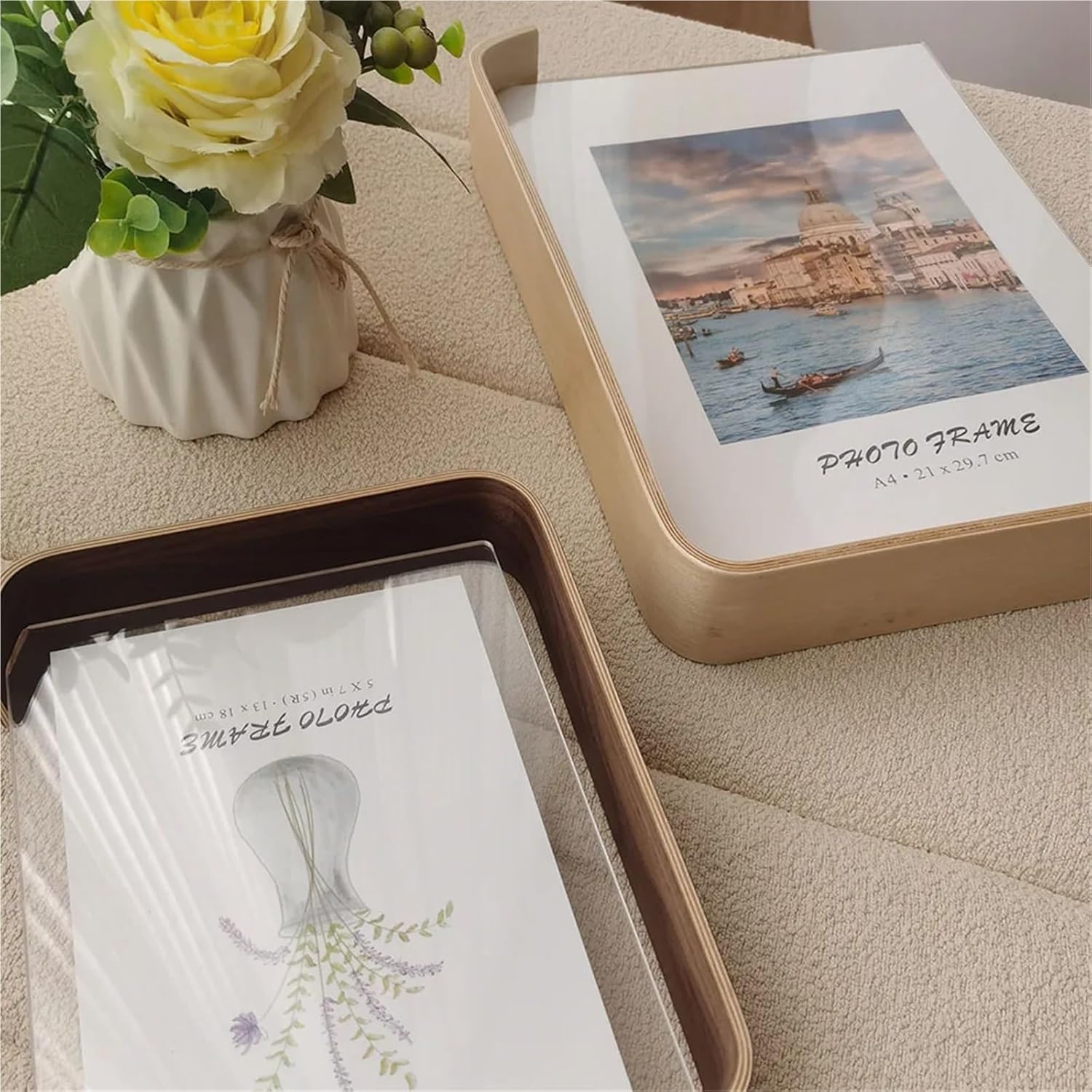 Dual-Sided Display Frame with Elegant Wood and Acrylic Design