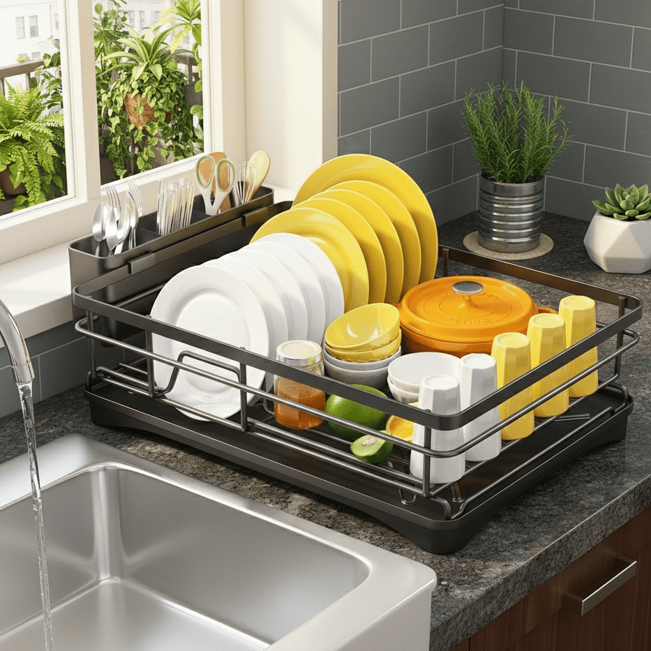 AquaDry – Spacious Dish Drying Rack with Drip Tray for Neat Kitchens