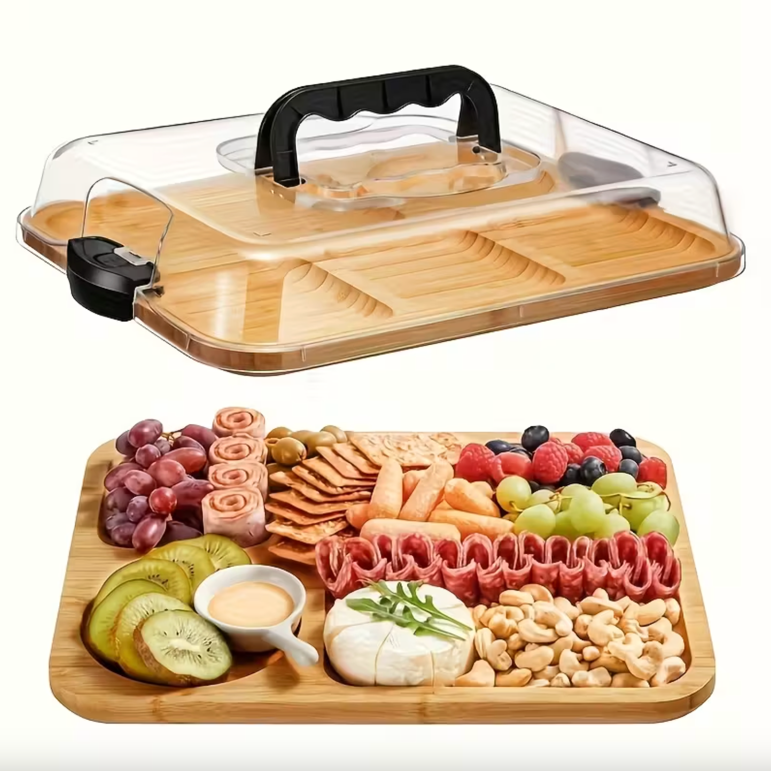 Elegant Bamboo Serving Tray with Divided Compartments and Lid
