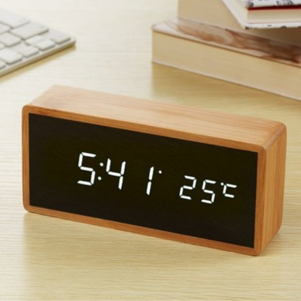 Sustainable Bamboo LED Clock with Temperature and Sound Activation