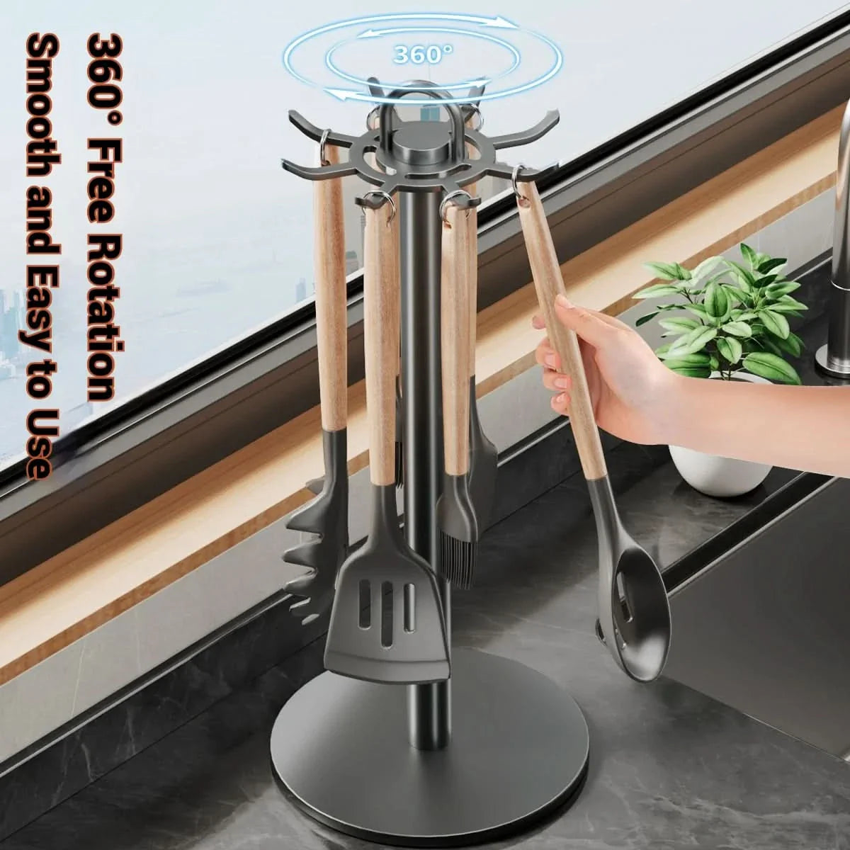 Rotating Kitchen Tool Organizer with Hooks