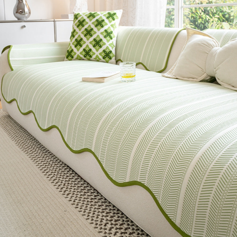 Chic Herringbone Slipcover with Stylish Scalloped Trim
