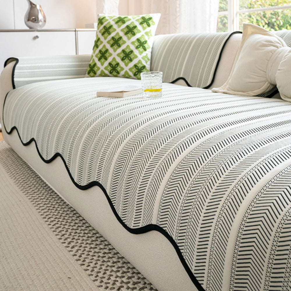 Chic Herringbone Slipcover with Stylish Scalloped Trim