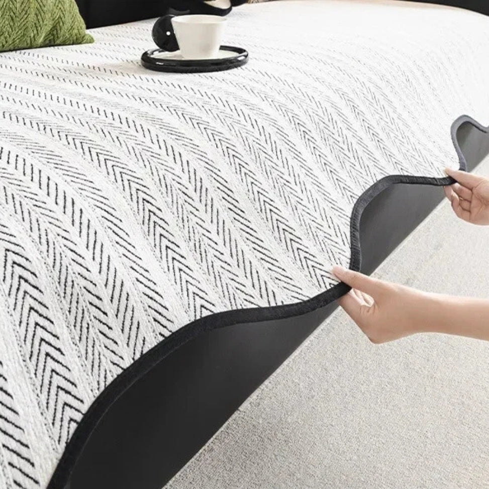 Chic Herringbone Slipcover with Stylish Scalloped Trim
