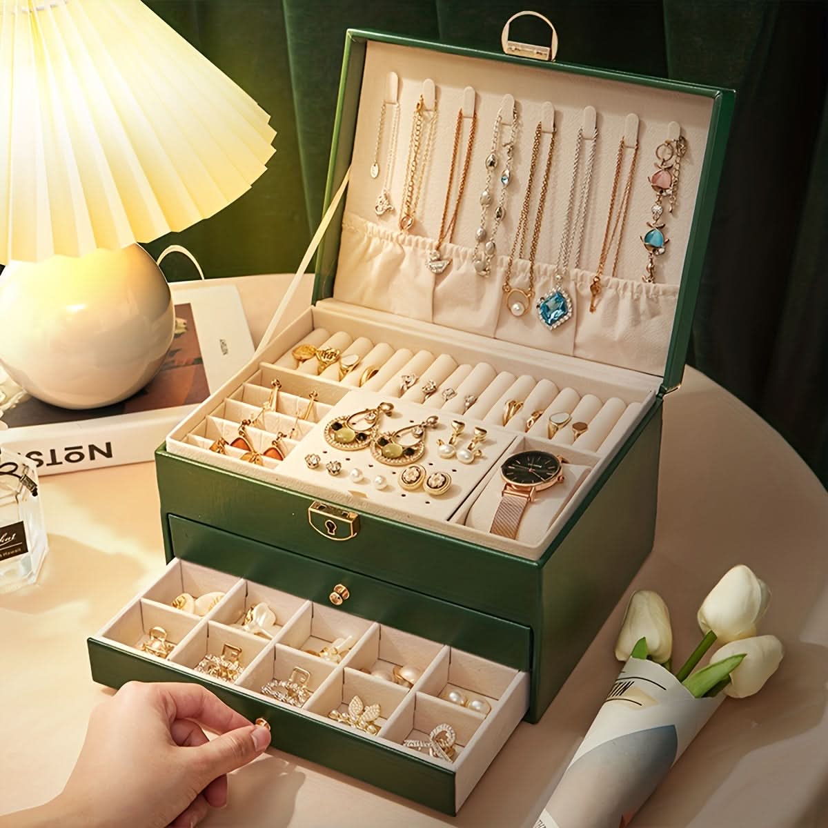 Elegant Leather Jewelry Storage Box with Multi-Compartment Organizer