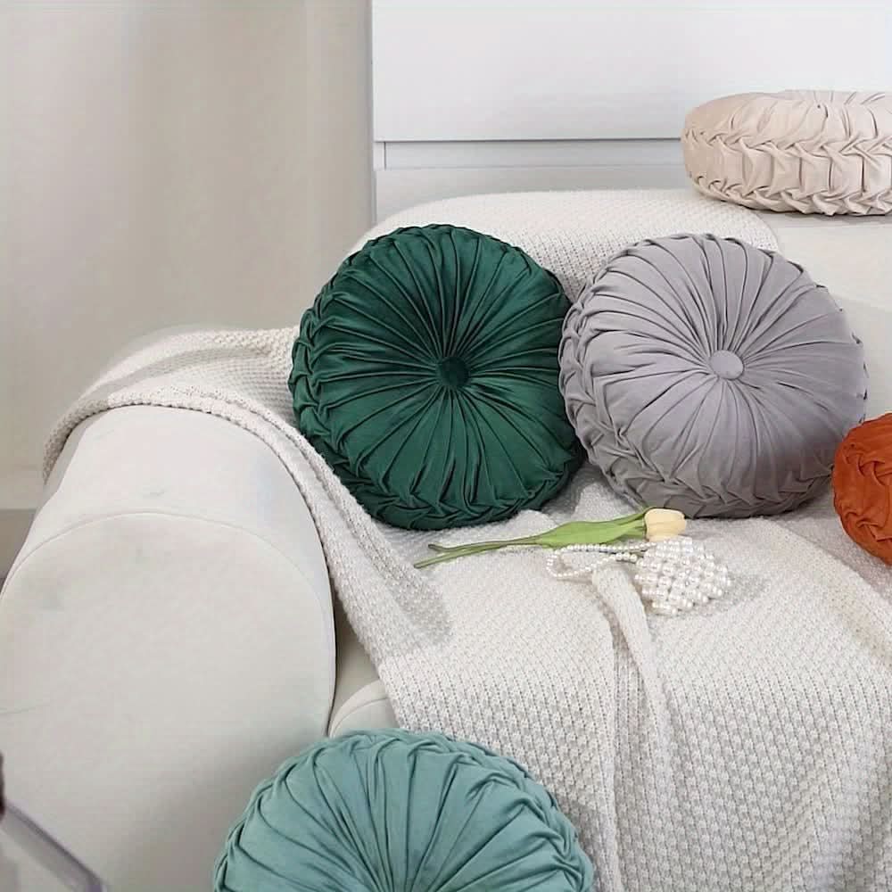 Round Velvet Cushion with Pleated Design