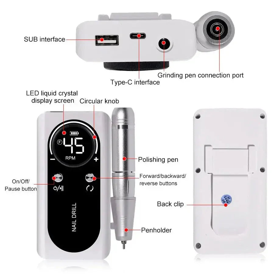 Cordless Rechargeable Electric Nail Drill with LCD Display Control