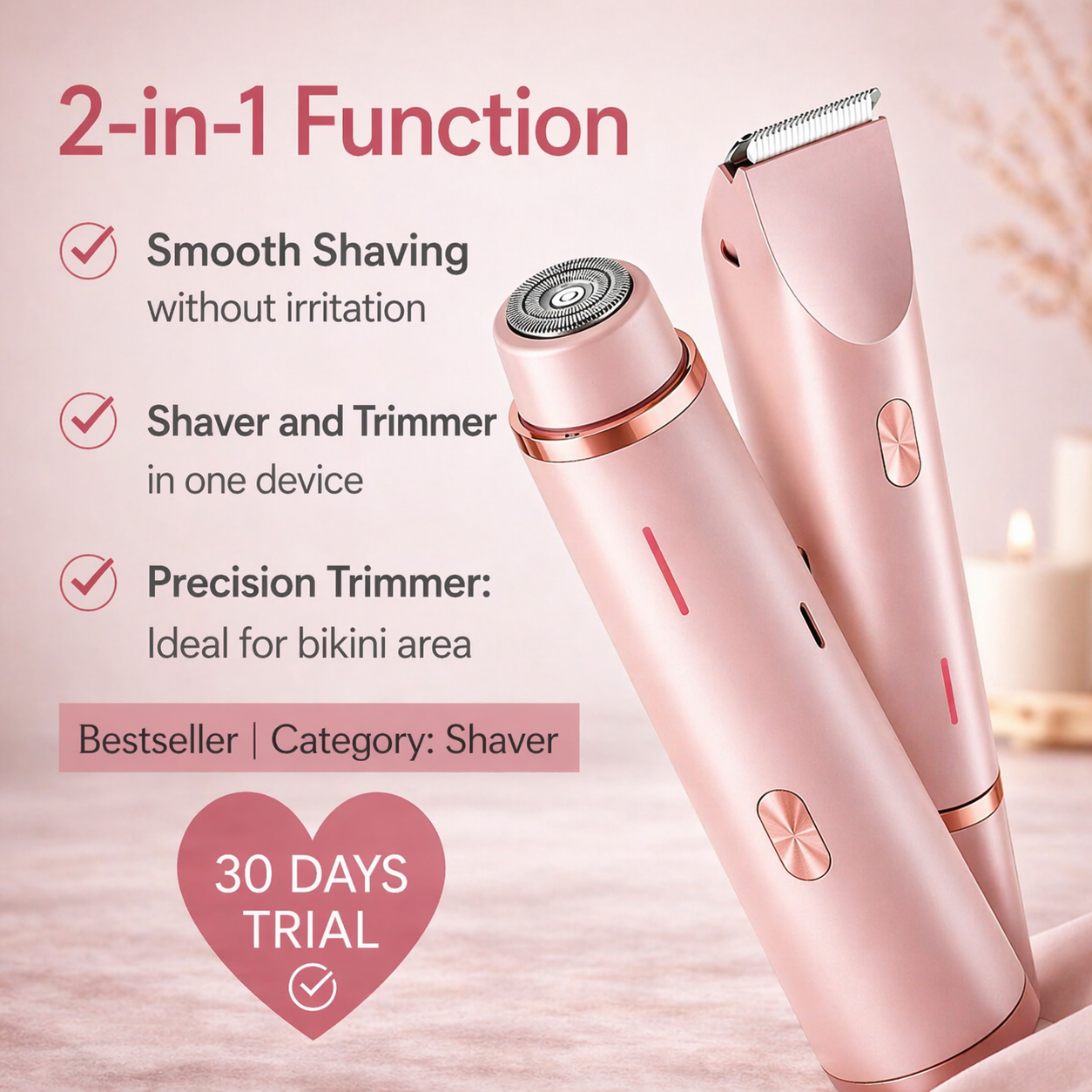Electric Shaver for Women | 2-in-1 Trimmer Head | Bikini Razor