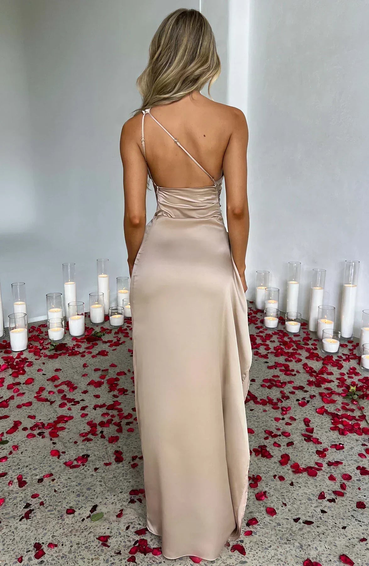 Celeste Satin Pleated Evening Dress with Shoulder Cut