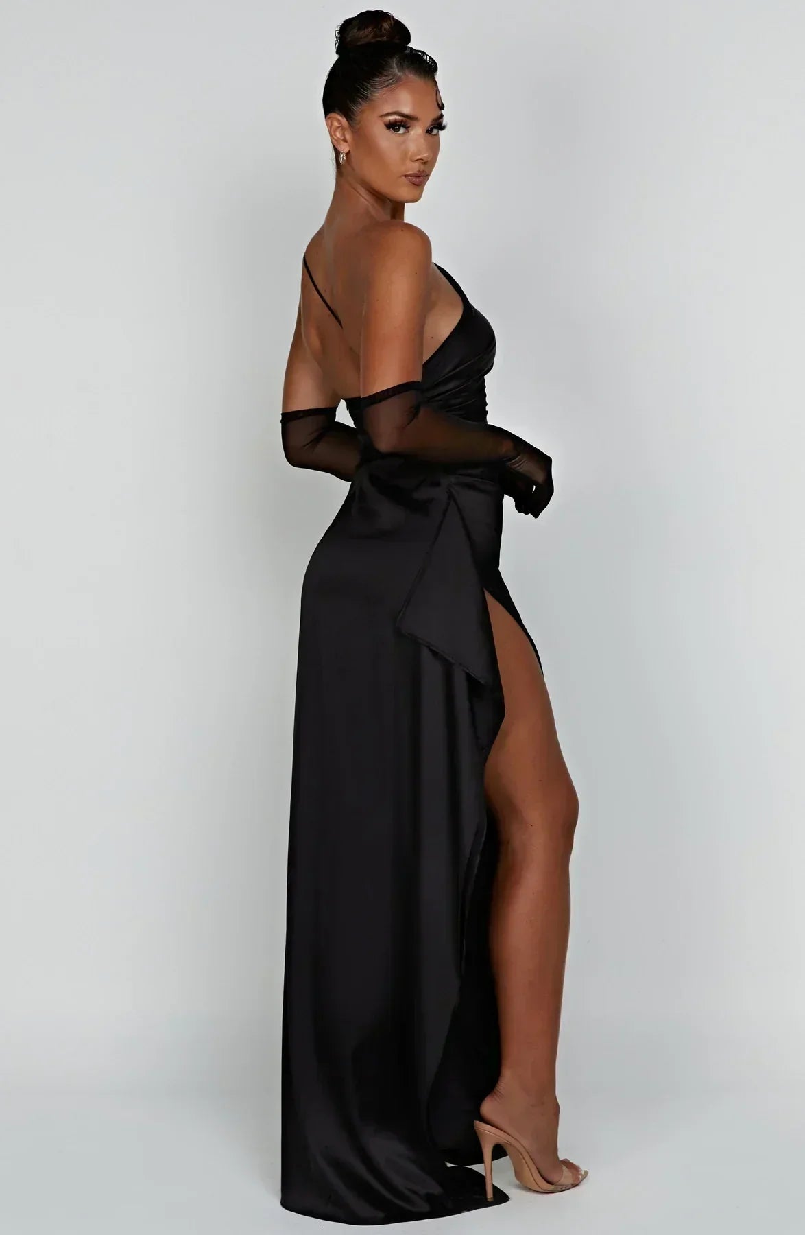 Celeste Satin Pleated Evening Dress with Shoulder Cut