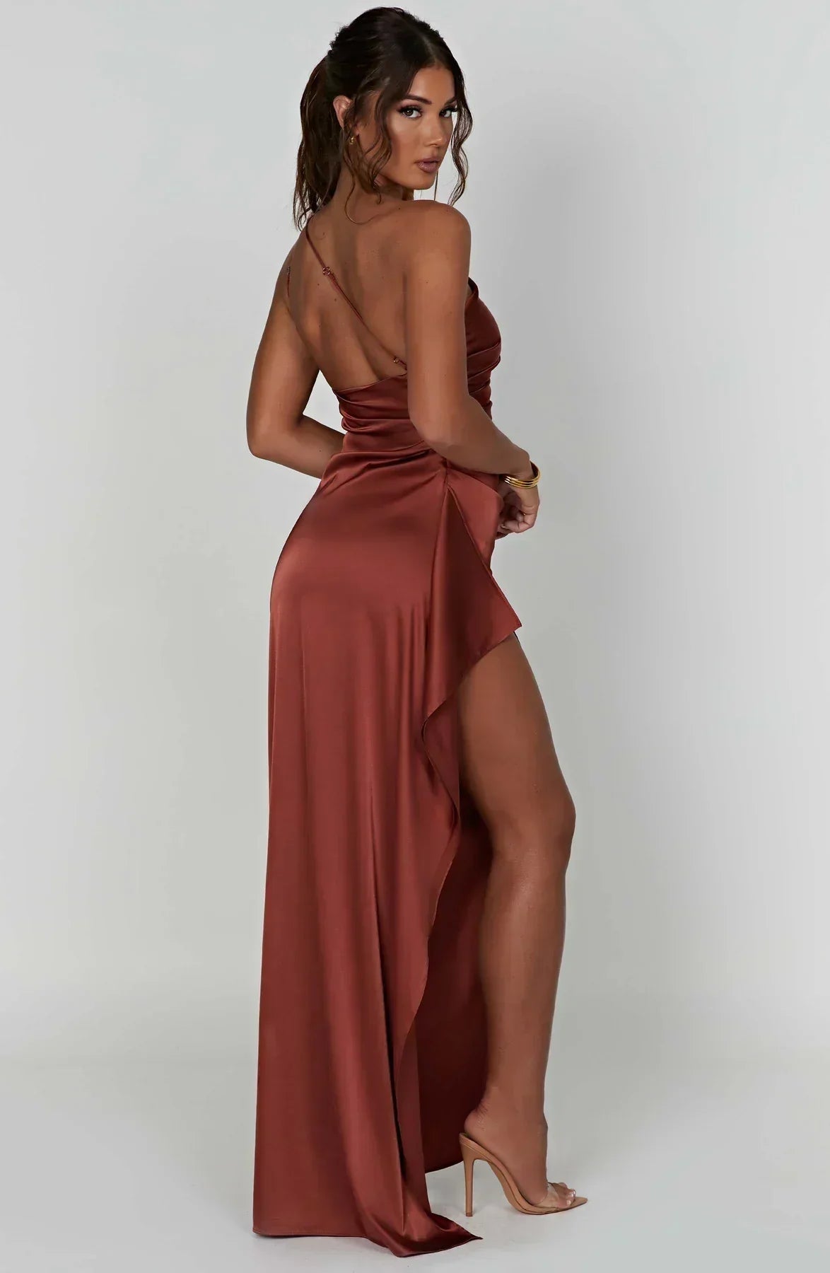 Celeste Satin Pleated Evening Dress with Shoulder Cut