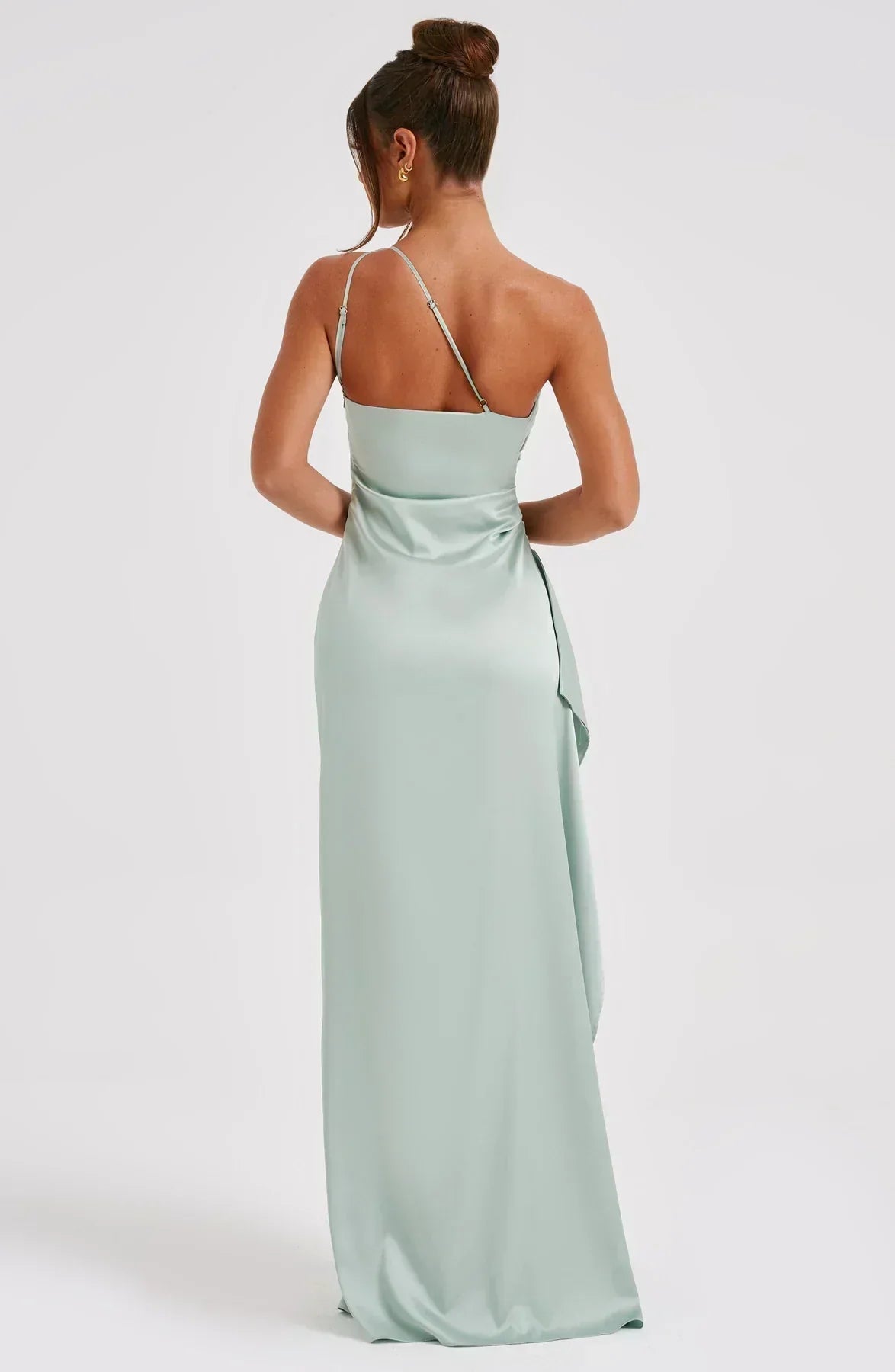 Celeste Satin Pleated Evening Dress with Shoulder Cut