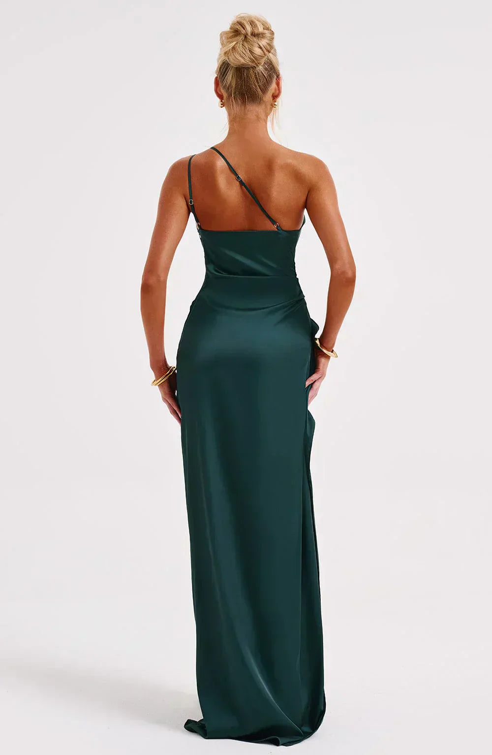 Celeste Satin Pleated Evening Dress with Shoulder Cut