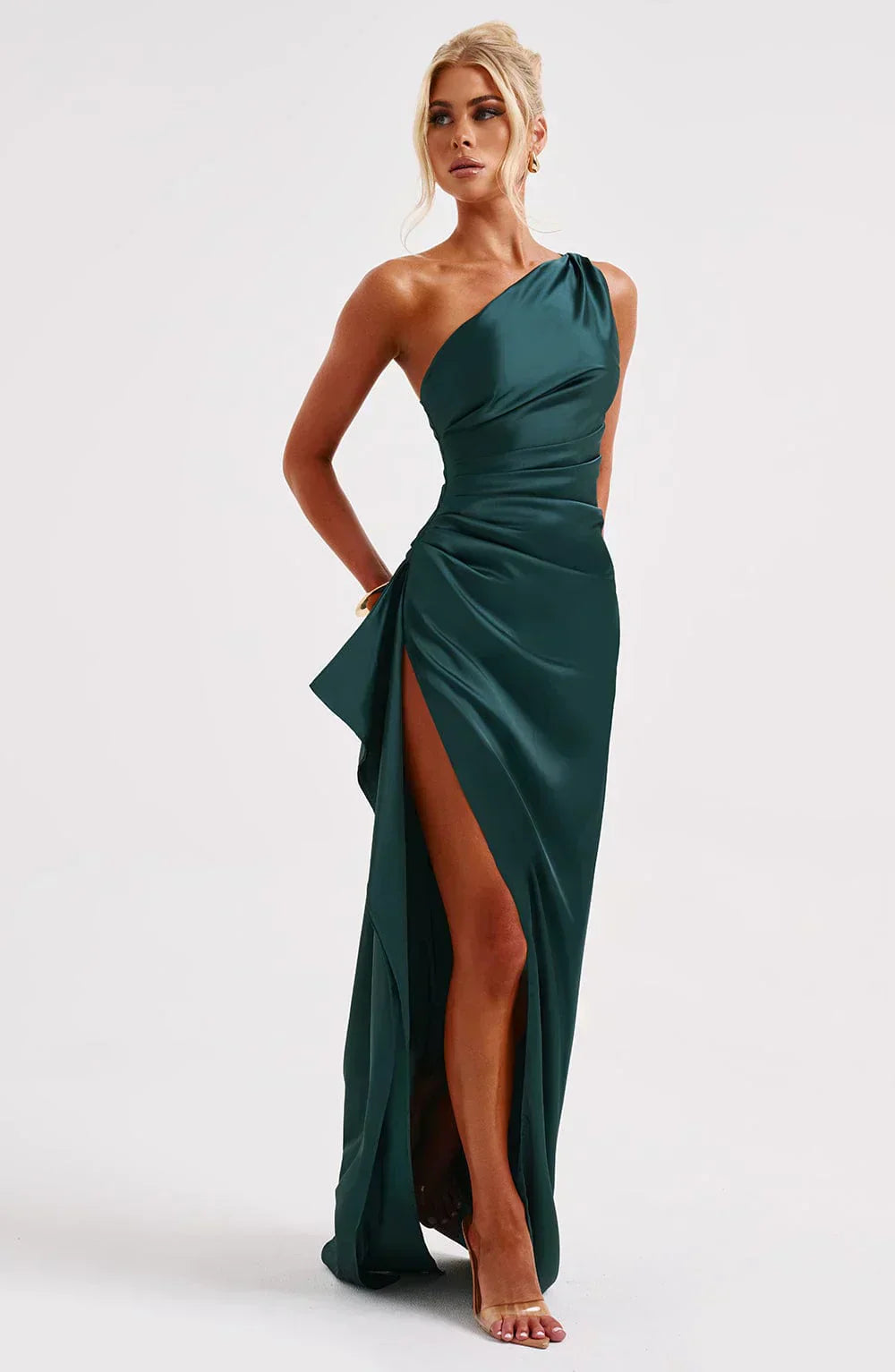 Celeste Satin Pleated Evening Dress with Shoulder Cut