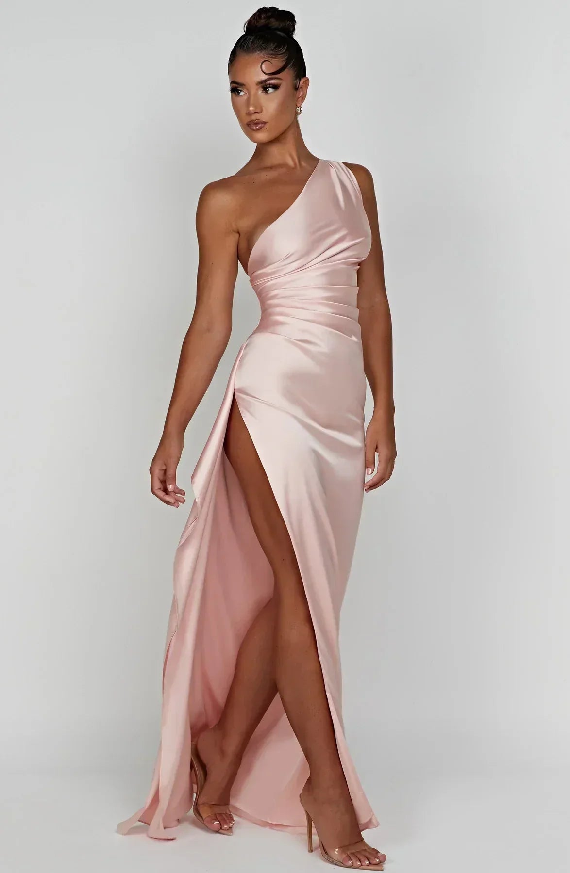 Celeste Satin Pleated Evening Dress with Shoulder Cut