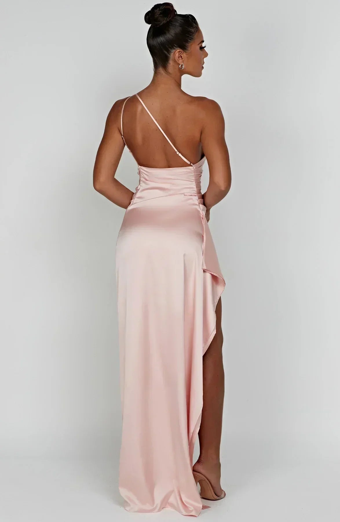 Celeste Satin Pleated Evening Dress with Shoulder Cut