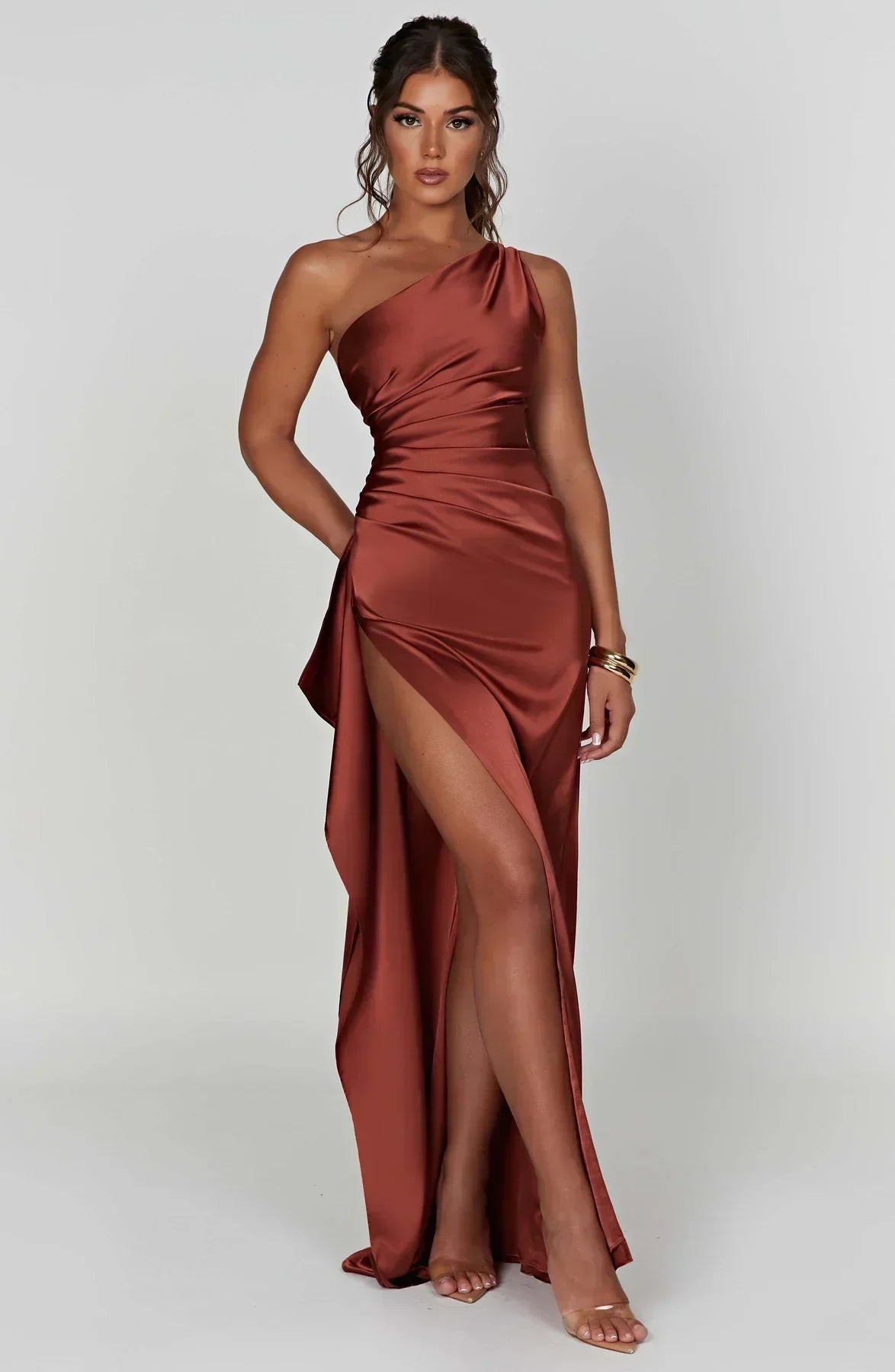 Celeste Satin Pleated Evening Dress with Shoulder Cut