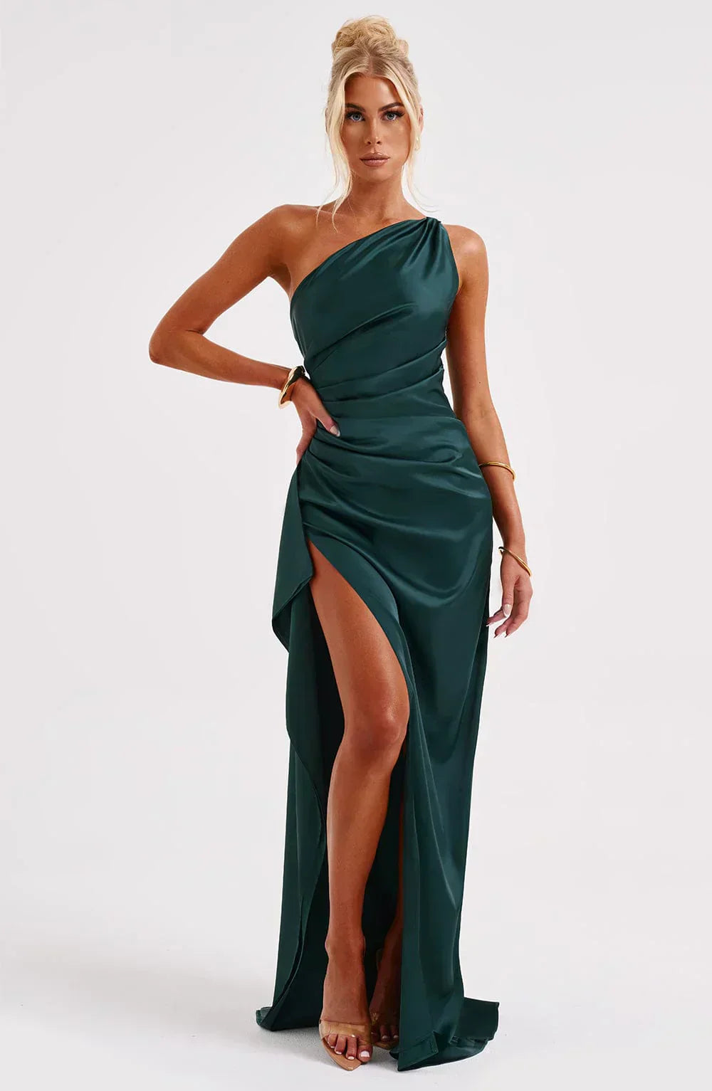 Celeste Satin Pleated Evening Dress with Shoulder Cut