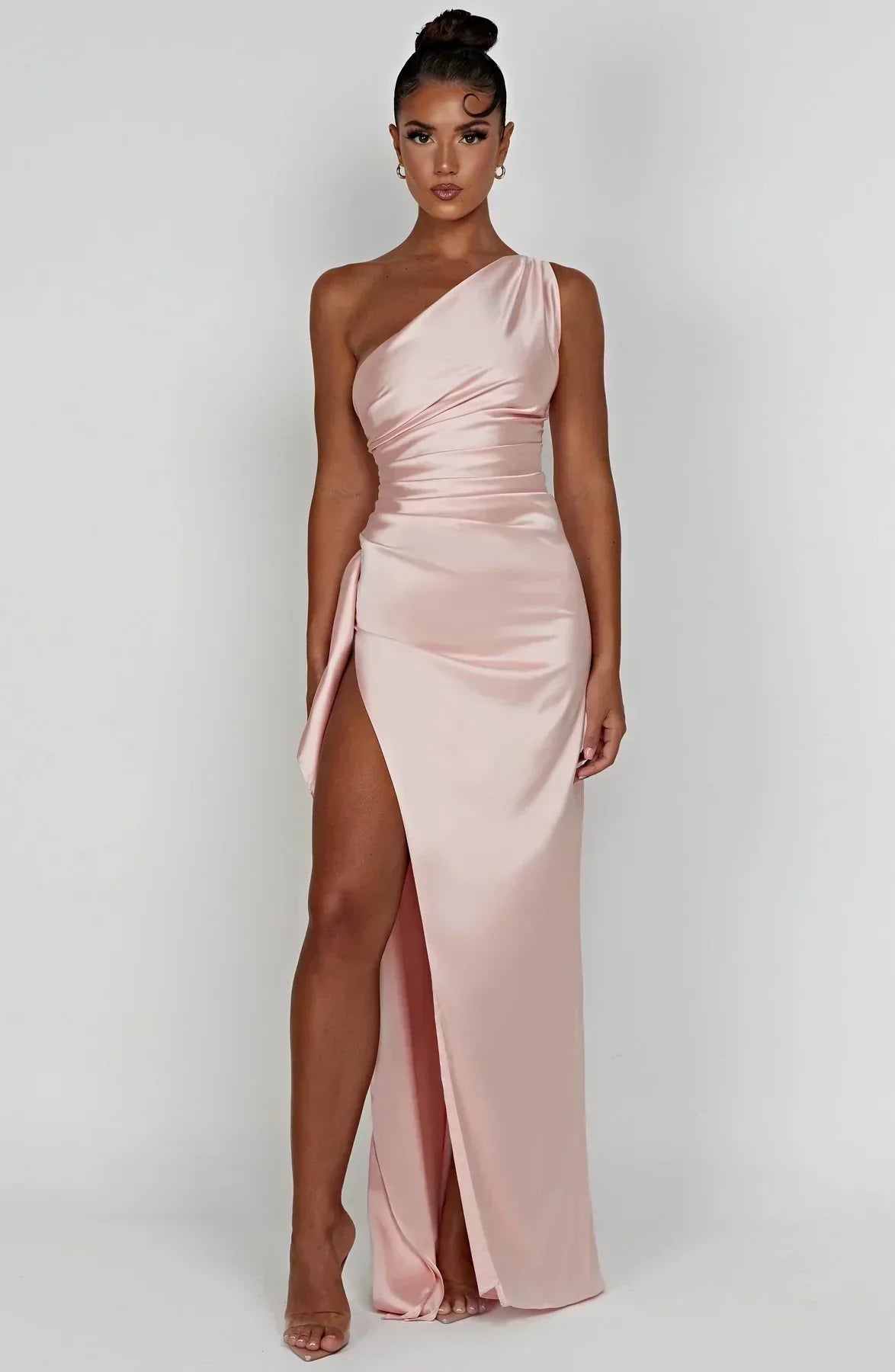 Celeste Satin Pleated Evening Dress with Shoulder Cut