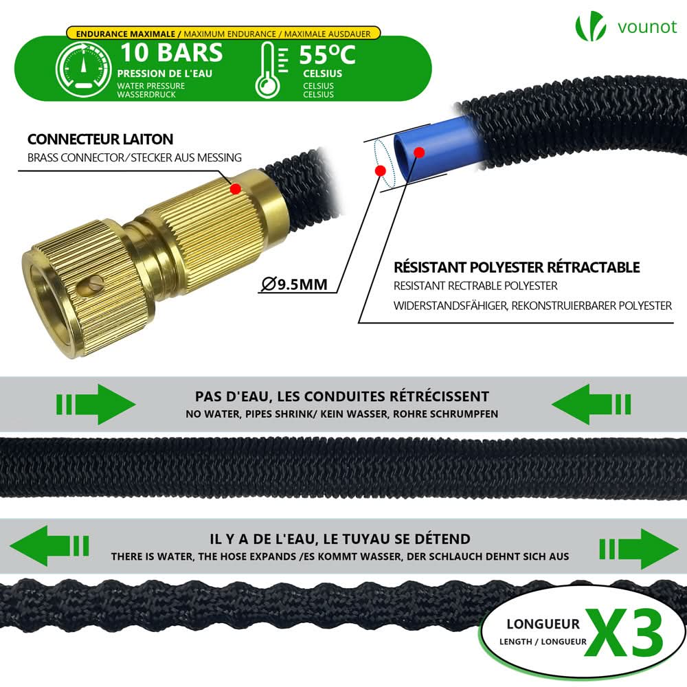 15m Expandable Garden Hose with 10 Spray Settings and Brass Fittings