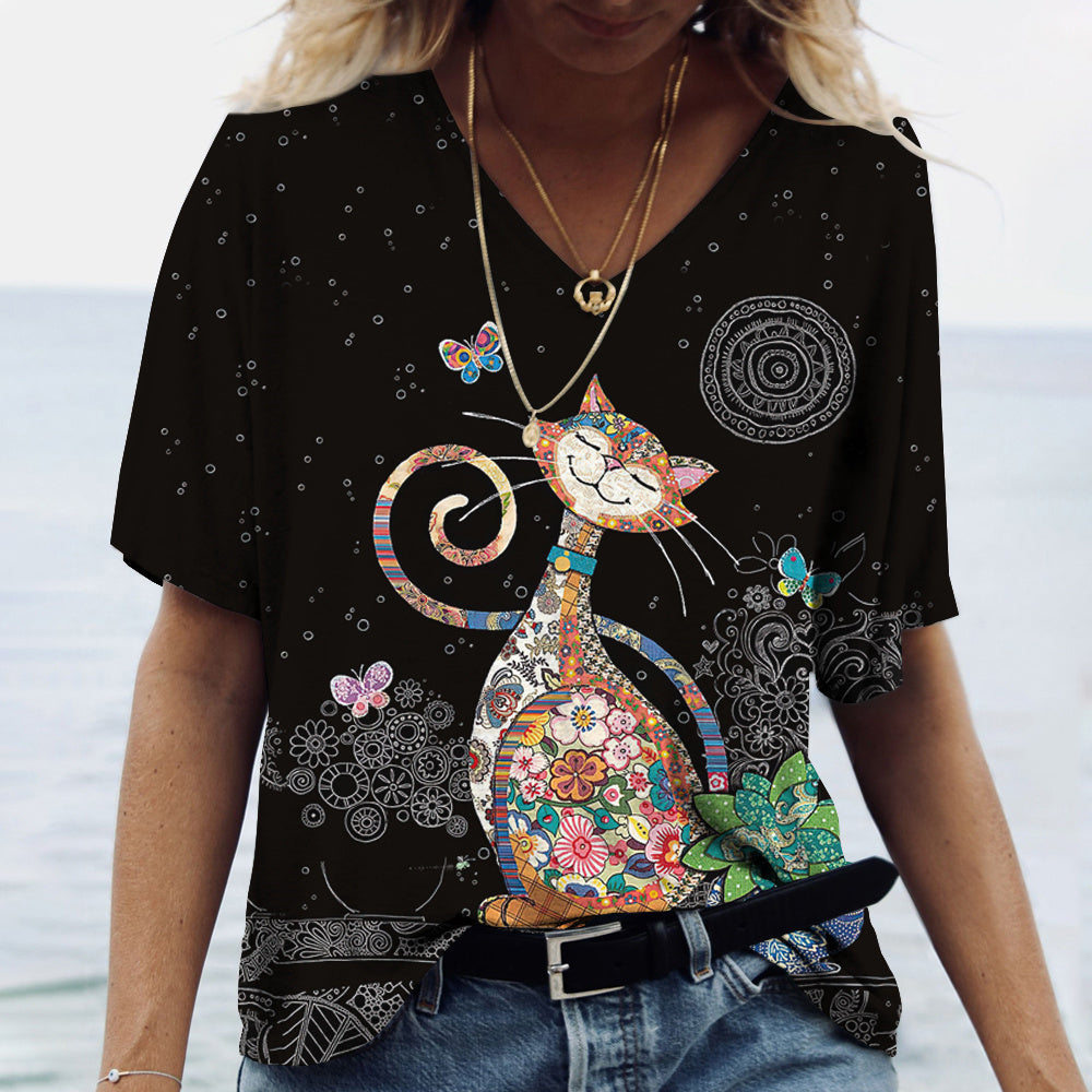 Cat Print T-Shirt in Women's Style
