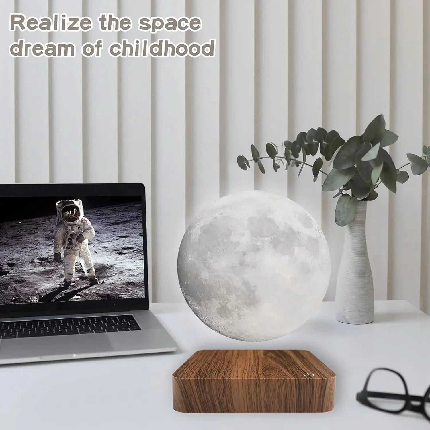 Moon-Shaped Night Lamp with Wooden Stand – Floating Design