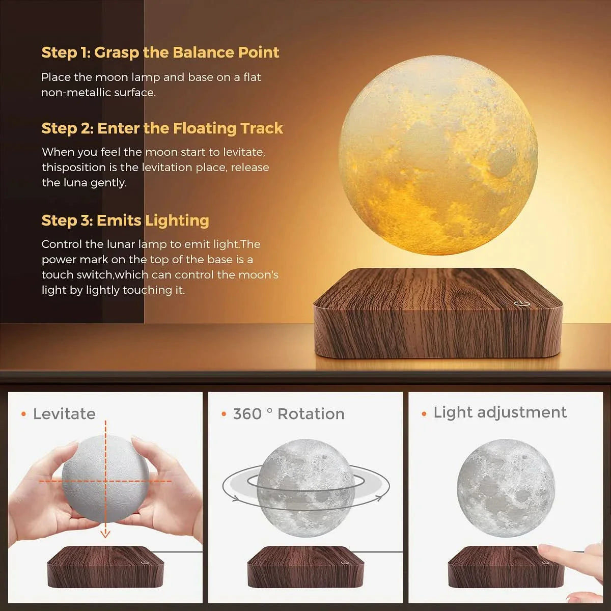 Moon-Shaped Night Lamp with Wooden Stand – Floating Design