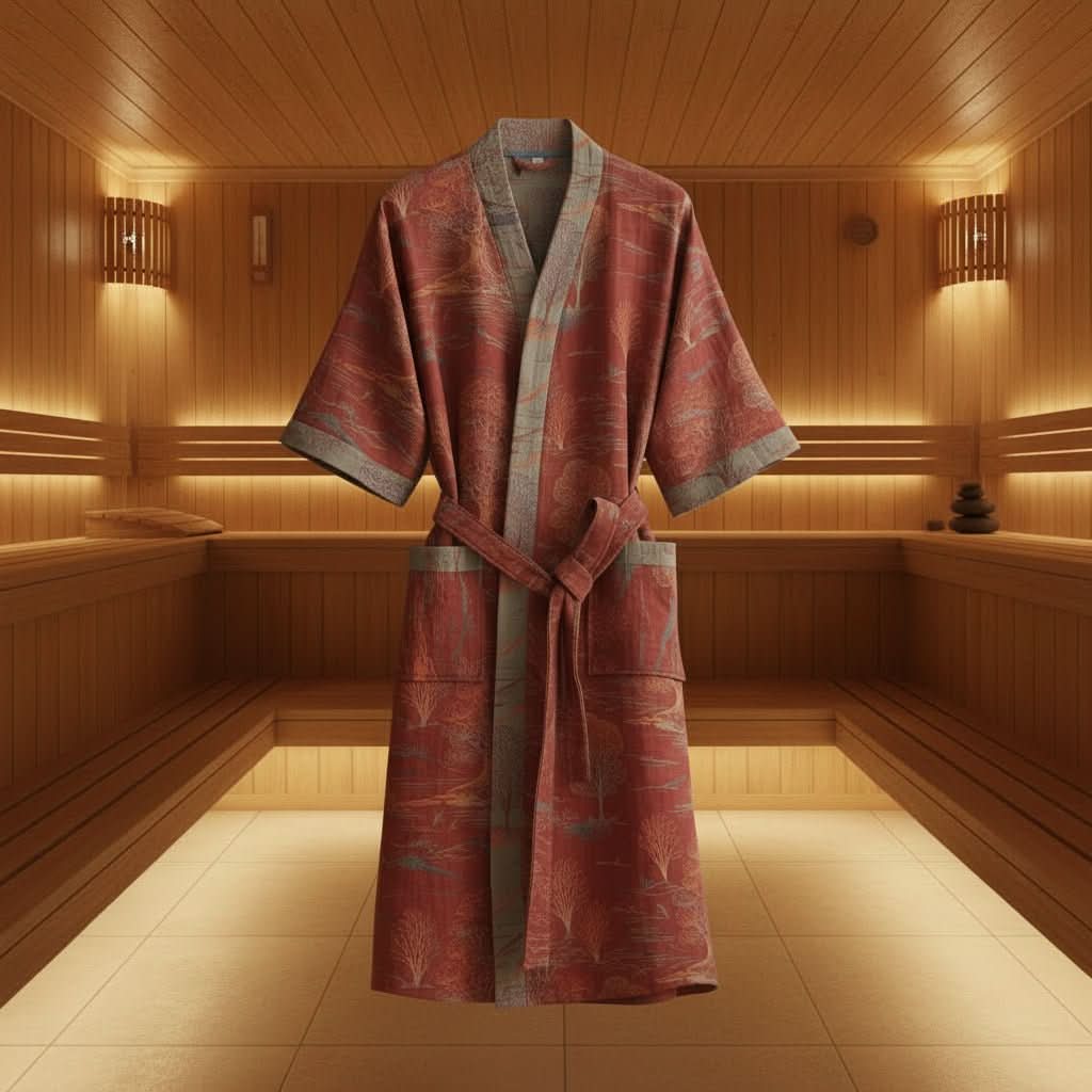 Organic Cotton Kimono Bathrobe with Ginkgo Leaf Pattern - Reversible