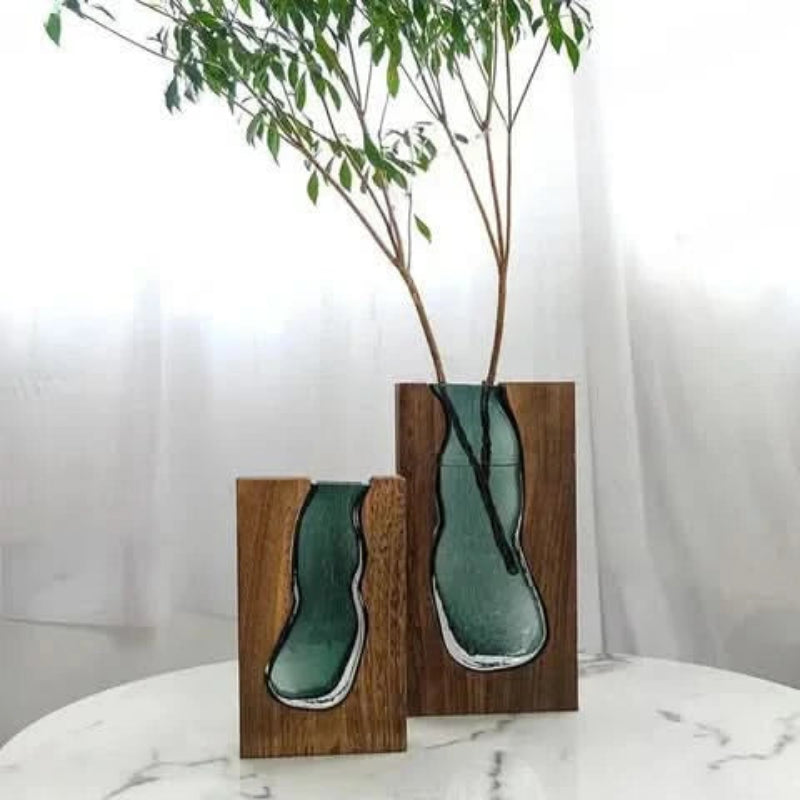 Elegant Glass Floral Holder with Sturdy Wood Stand, 24 or 32 cm