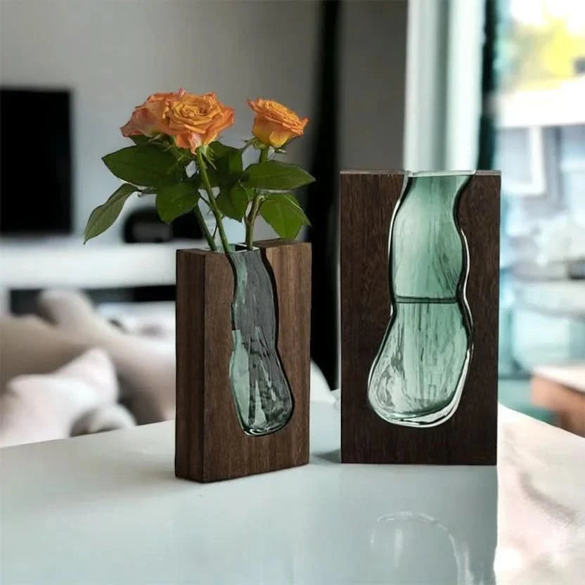 Elegant Glass Floral Holder with Sturdy Wood Stand, 24 or 32 cm
