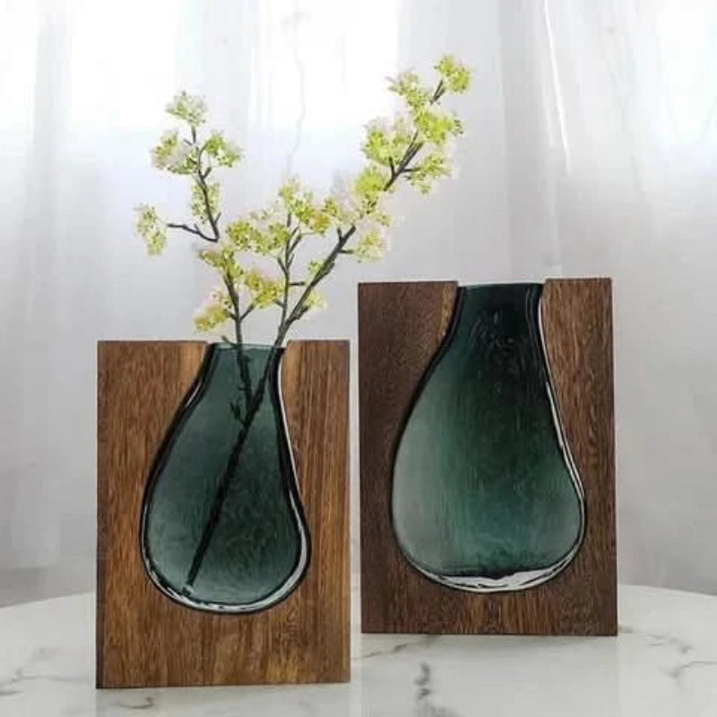 Elegant Glass Floral Holder with Sturdy Wood Stand, 24 or 32 cm