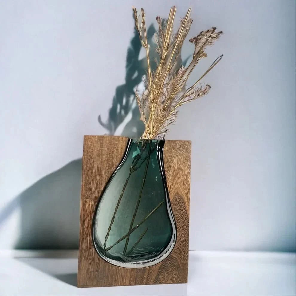 Elegant Glass Floral Holder with Sturdy Wood Stand, 24 or 32 cm