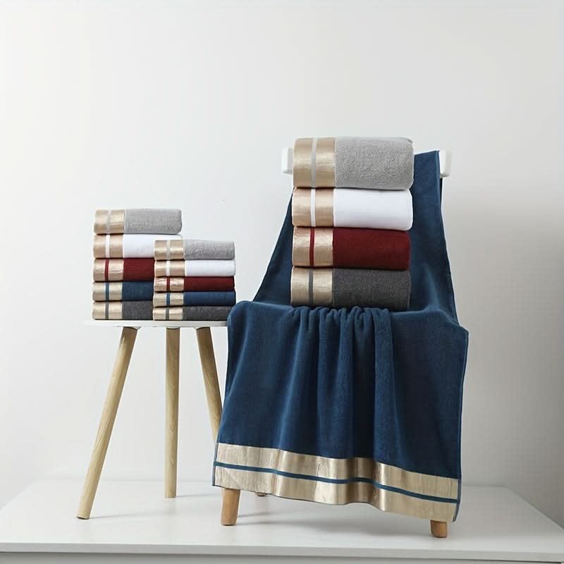 5-Piece Soft Cotton Bath Towel Set with Gold Stripes