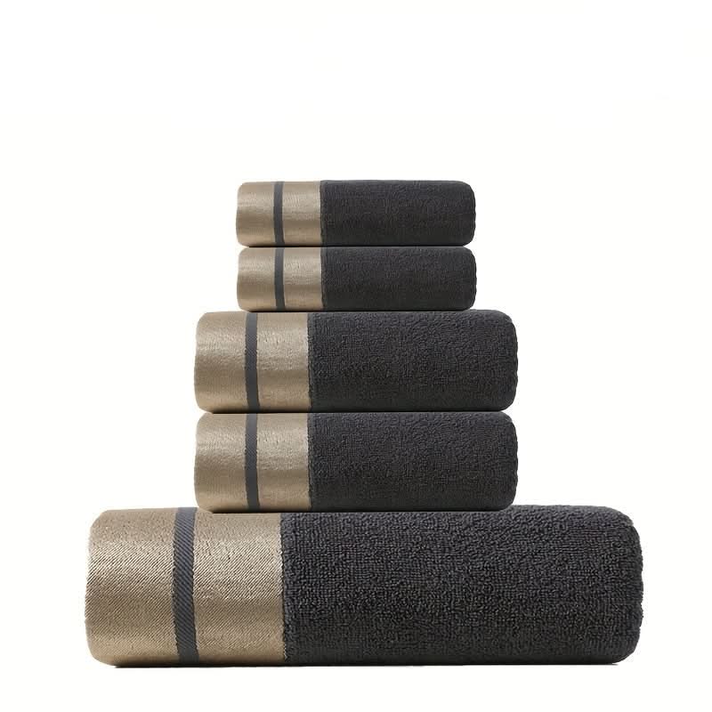 5-Piece Soft Cotton Bath Towel Set with Gold Stripes